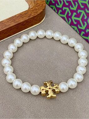 Tory Burch White Pearl Bracelet with Gold Logo Charm